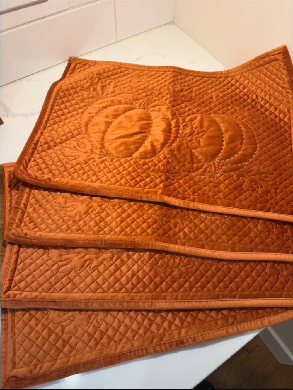 Tommy Bahama Quilted Velvet Bath Mat Set in Rust Orange and Table Runner